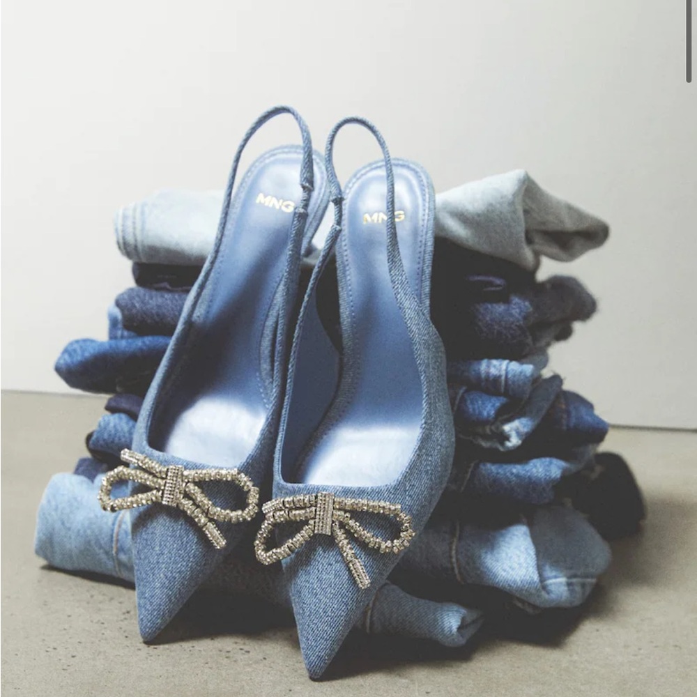 MNG denim sling back heels with beaded bow